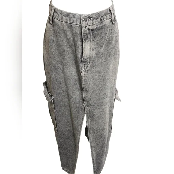 Love Fire Distressed Black  Denim Slit Maxi Cargo Skirt - Picture 3 of 7